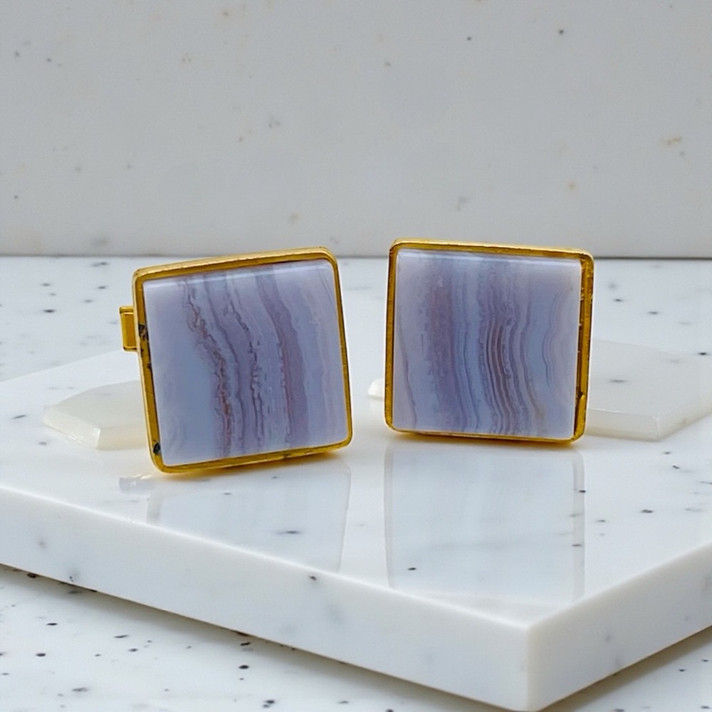 Striking Vintage Genuine Polished Blue Lace and Gold Tone Cufflinks